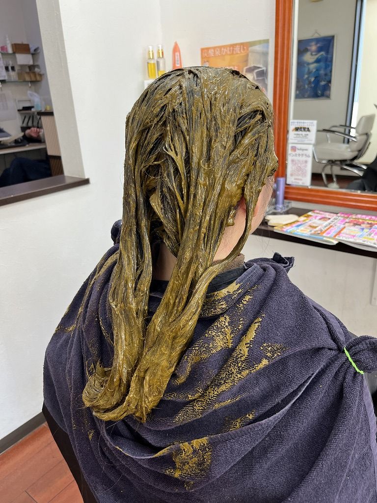 ハナヘナをたっぷり塗布。毛羽立ちやすい髪を内部から補強して収まりを狙う