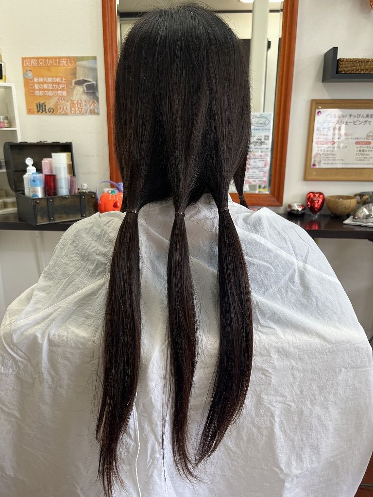 ゴムで分け取りしたヘアドネーション用の毛束