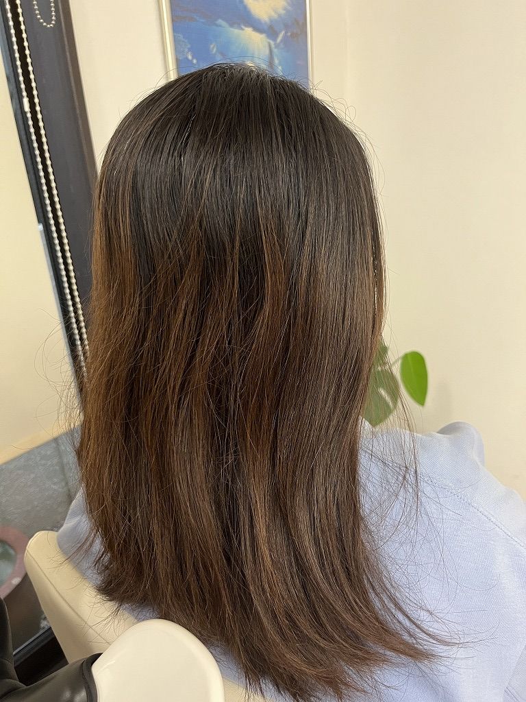 ビフォー:全体。退色とパサつきでツヤが出にくい状態