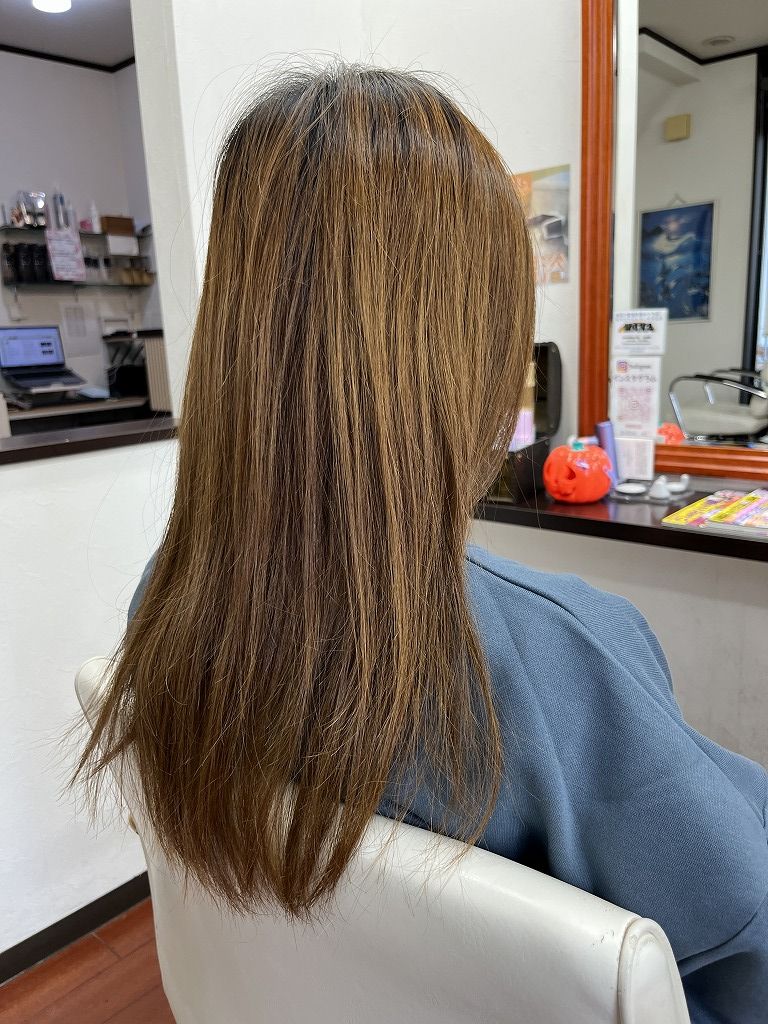 施術前の状態。毛先が少し明るく抜けて全体的にパサつきが気になるロングヘアの様子。