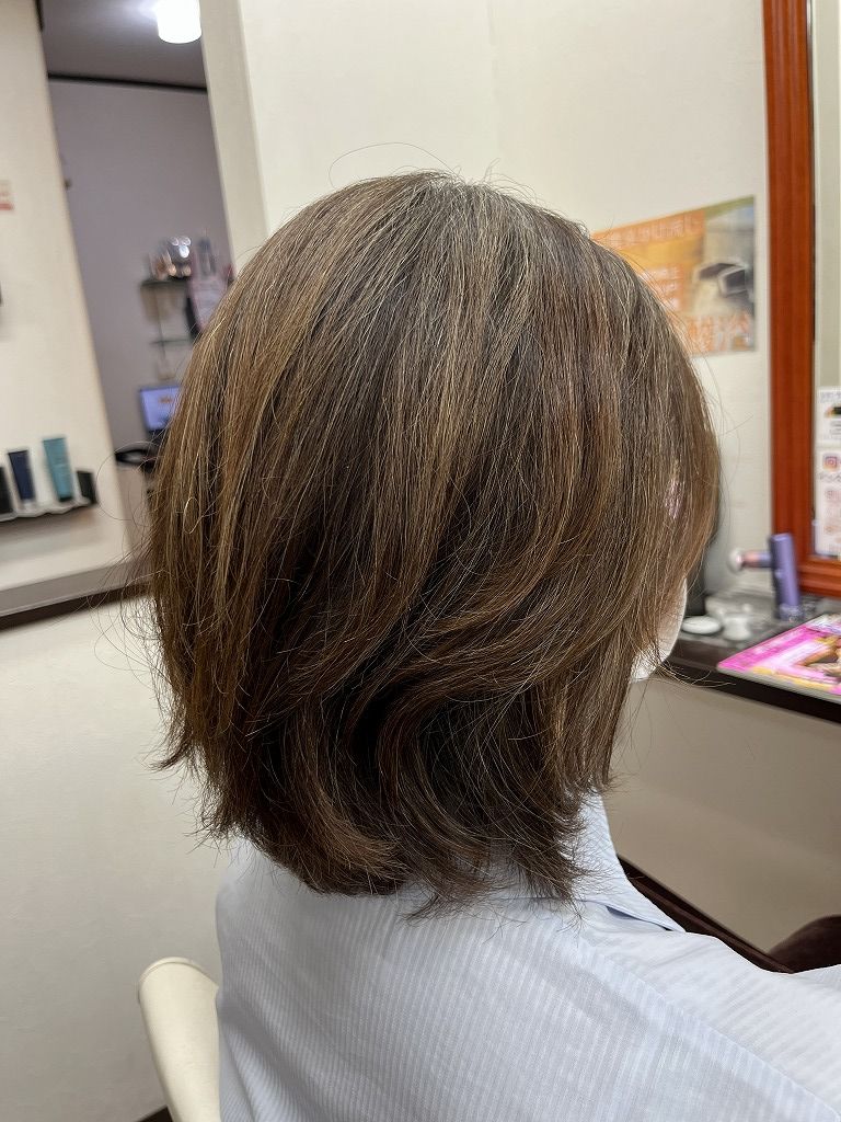 カット前のレイヤーボブスタイル　全体的に下に重さがたまっている状態