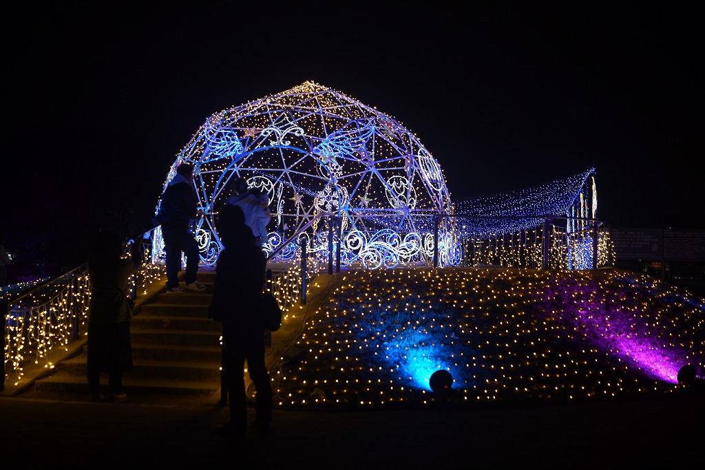 マリーゴールドの丘の光のドームと階段のシルエット