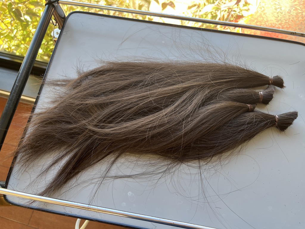 ヘアドネーション用にカットした高校生男子の毛束が35cm並んでいる写真