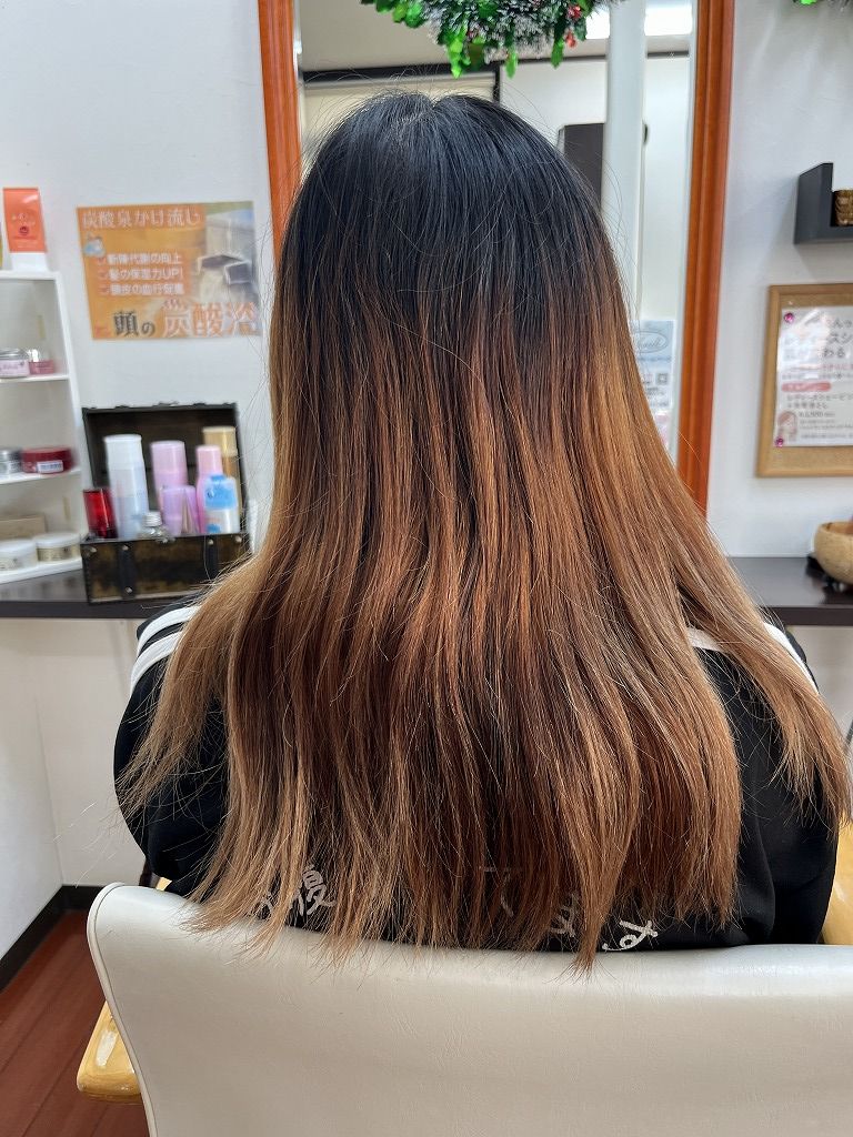 全体的に退色し、毛先の厚みが不揃いになっているビフォー写真（後ろ姿）