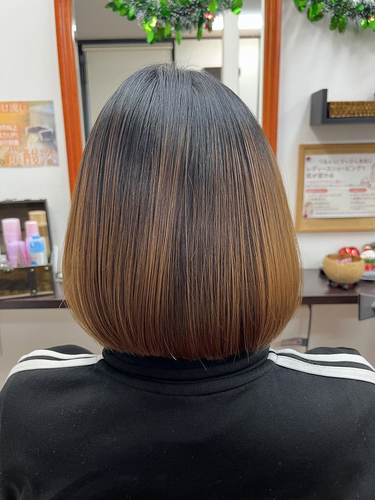 バッサリカットして丸みのあるワンレングスボブに仕上げたアフター写真（後ろ姿）