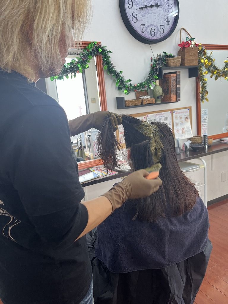 ハナヘナ塗布中:トリートメント目的で全体に塗布して髪を補強