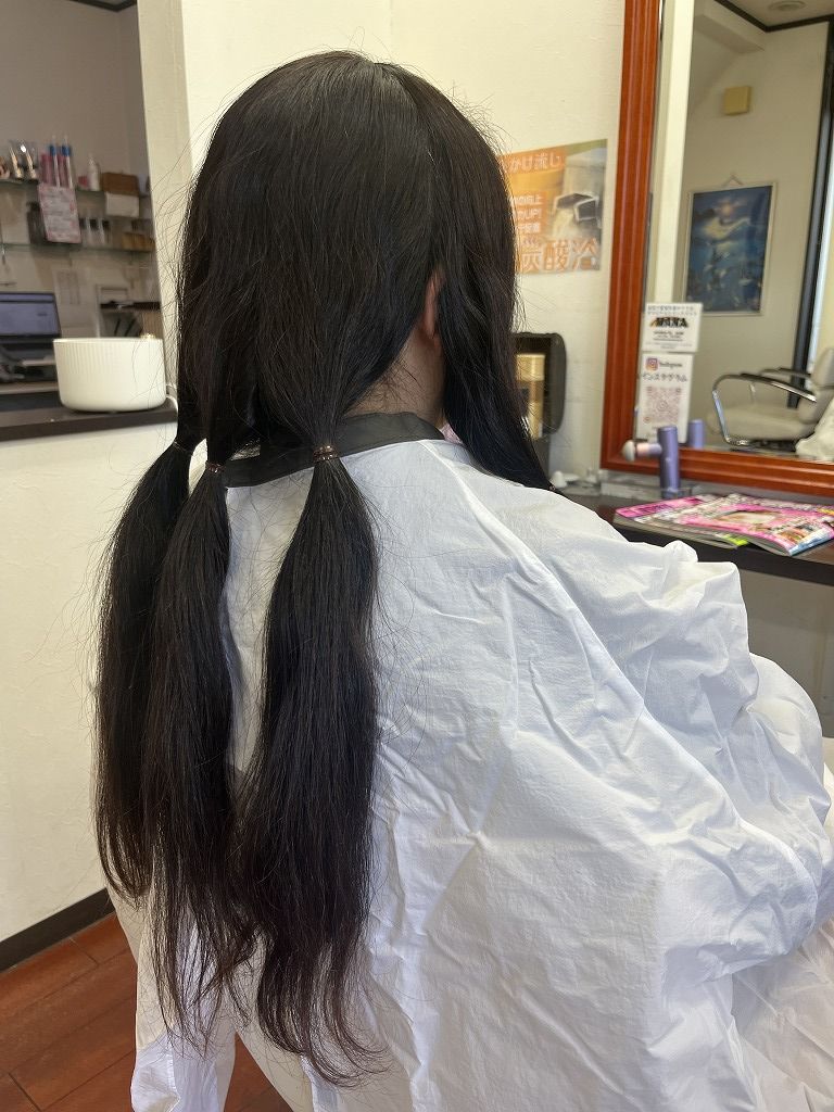 複数の毛束に分けたヘアドネーション準備の写真