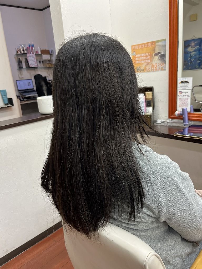 【ビフォー】前回施術から1か月後の髪の状態。大きな荒れはなく、まとまりとツヤが残っている状態