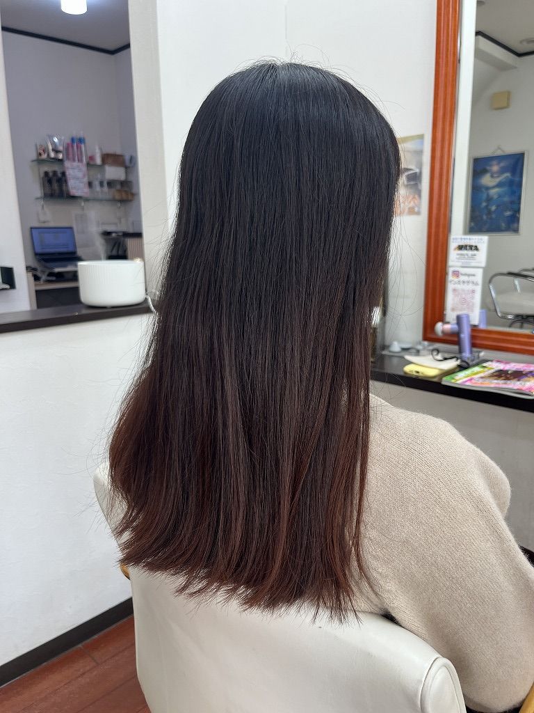 ハナヘナトリートメントのビフォー写真。前回2ヶ月前にハナヘナを施術し、定期メンテナンスでキレイな状態を維持しているロングヘア。