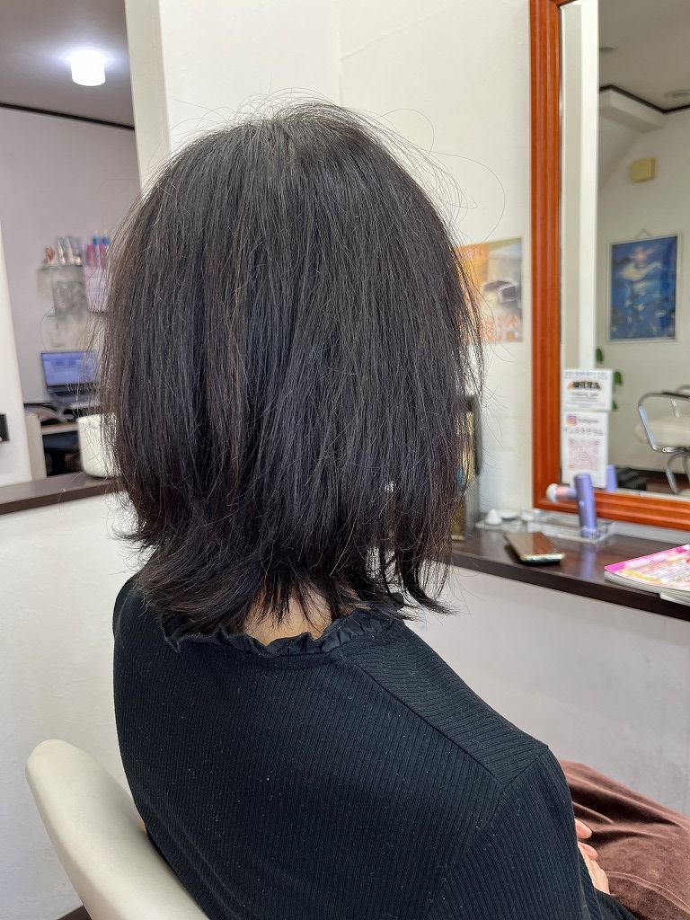 ビフォー:頭頂部がぺたんとしやすく、横が広がりやすいクセ毛の状態