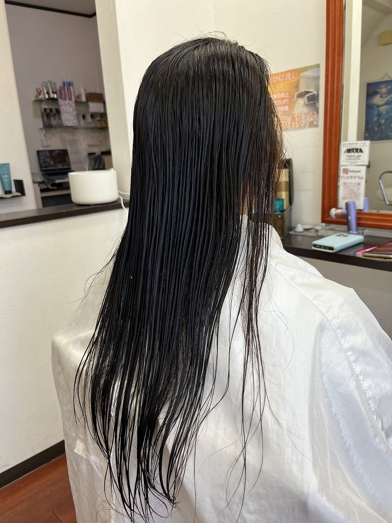 縮毛矯正前の濡れた状態｜波状毛のクセが分かる写真