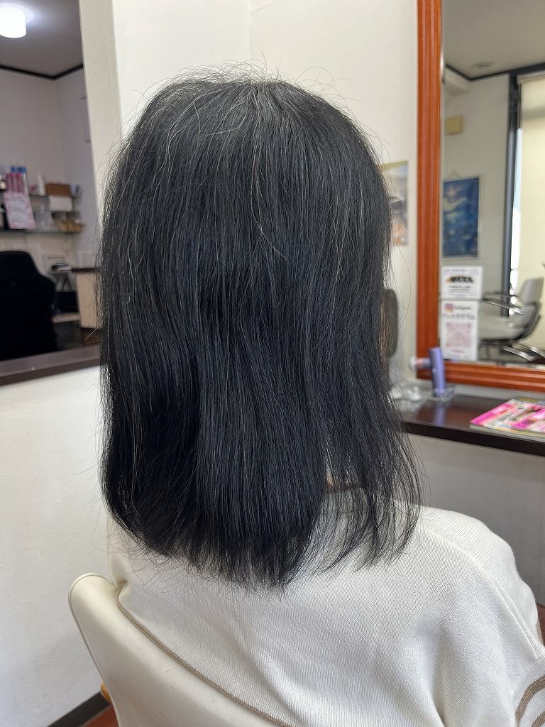 超軟毛で加齢毛と切れ毛がある髪の縮毛矯正前の状態