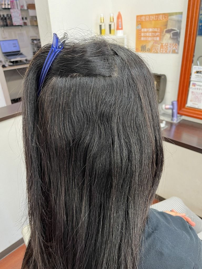 内側に強めの捻転毛が見られる縮毛矯正前の髪