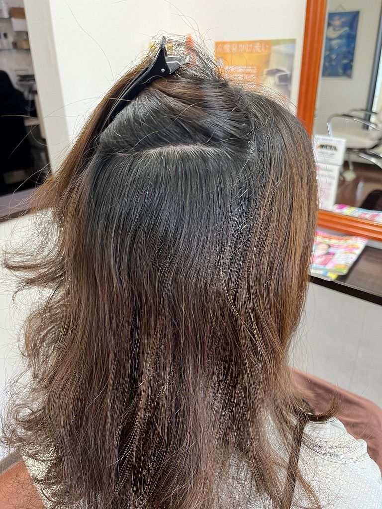 根元に強い波状毛が出ている縮毛矯正前の状態