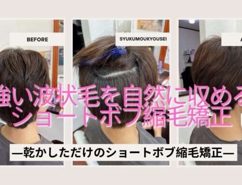 硬くてゴワつく強い波状毛を自然に収めるショートボブの縮毛矯正