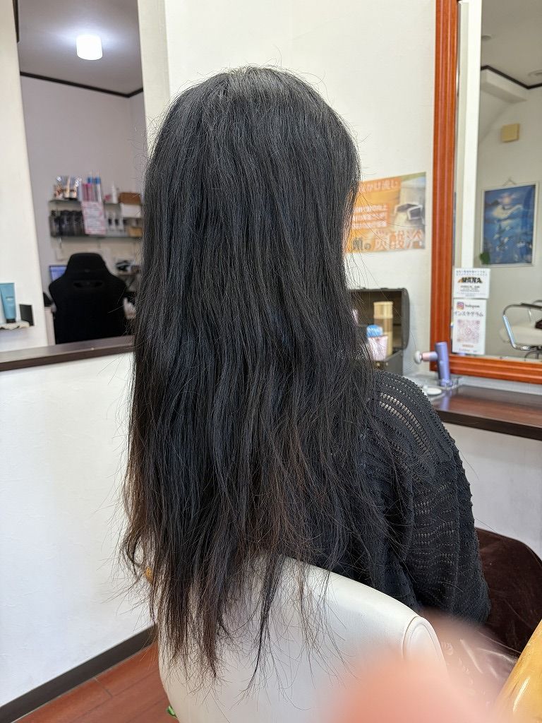 強めの波状毛が伸びたロングヘアの施術前