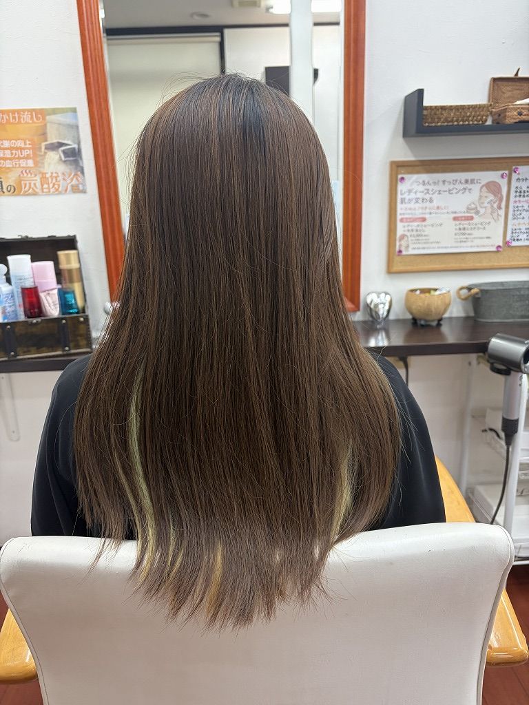 前回のインナーカラー施術から4か月が経過し、表面のカラーと毛先が褪色したロングヘアの施術前