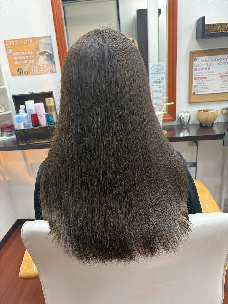 10レベルのアッシュカラーで赤味を抑え、落ち着いた寒色系に整えたロングヘアの仕上がり後ろ姿