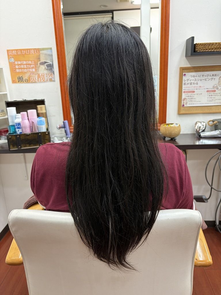 ヘアドネーション前の長いロングヘアを後ろから見た状態