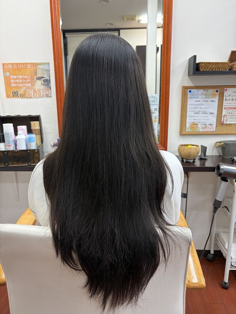 半年ぶりのカット前の長く伸びたロングヘアを後ろから見た状態