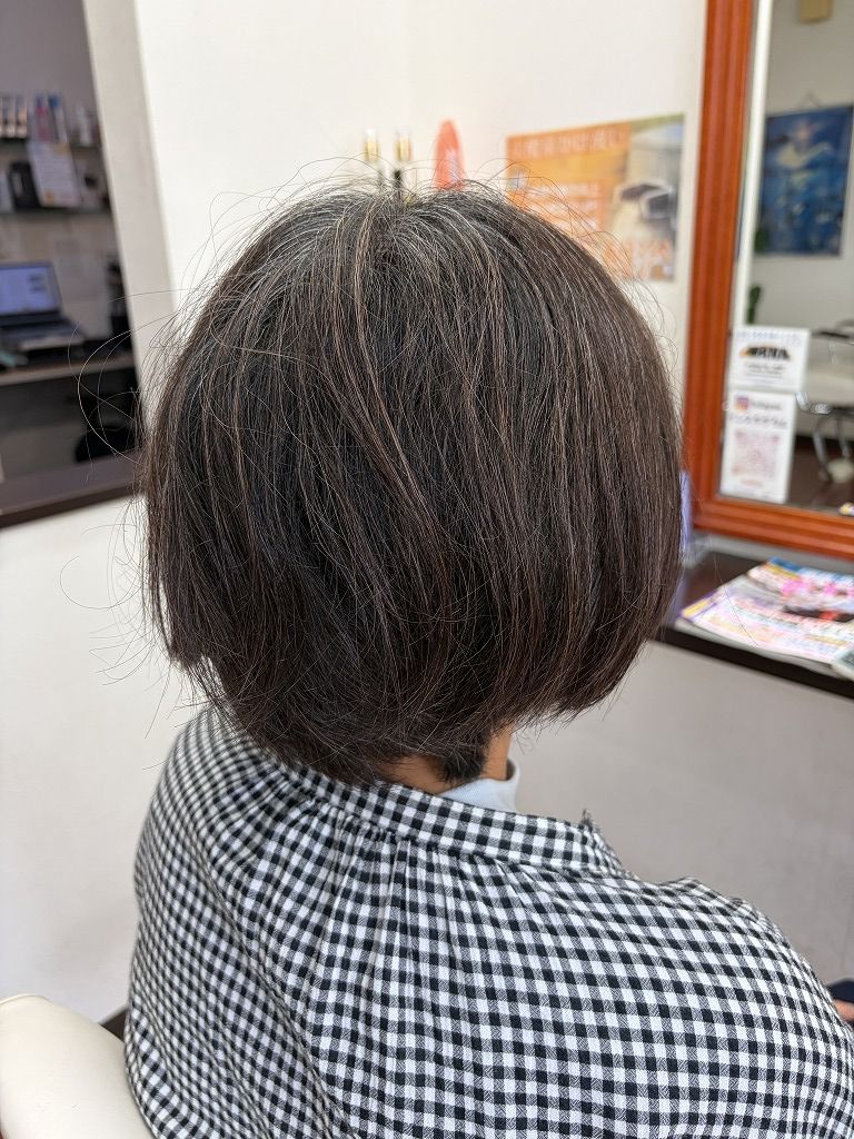ノンジアミンカラー施術前のグラデーションボブで全体に白髪が増えている状態