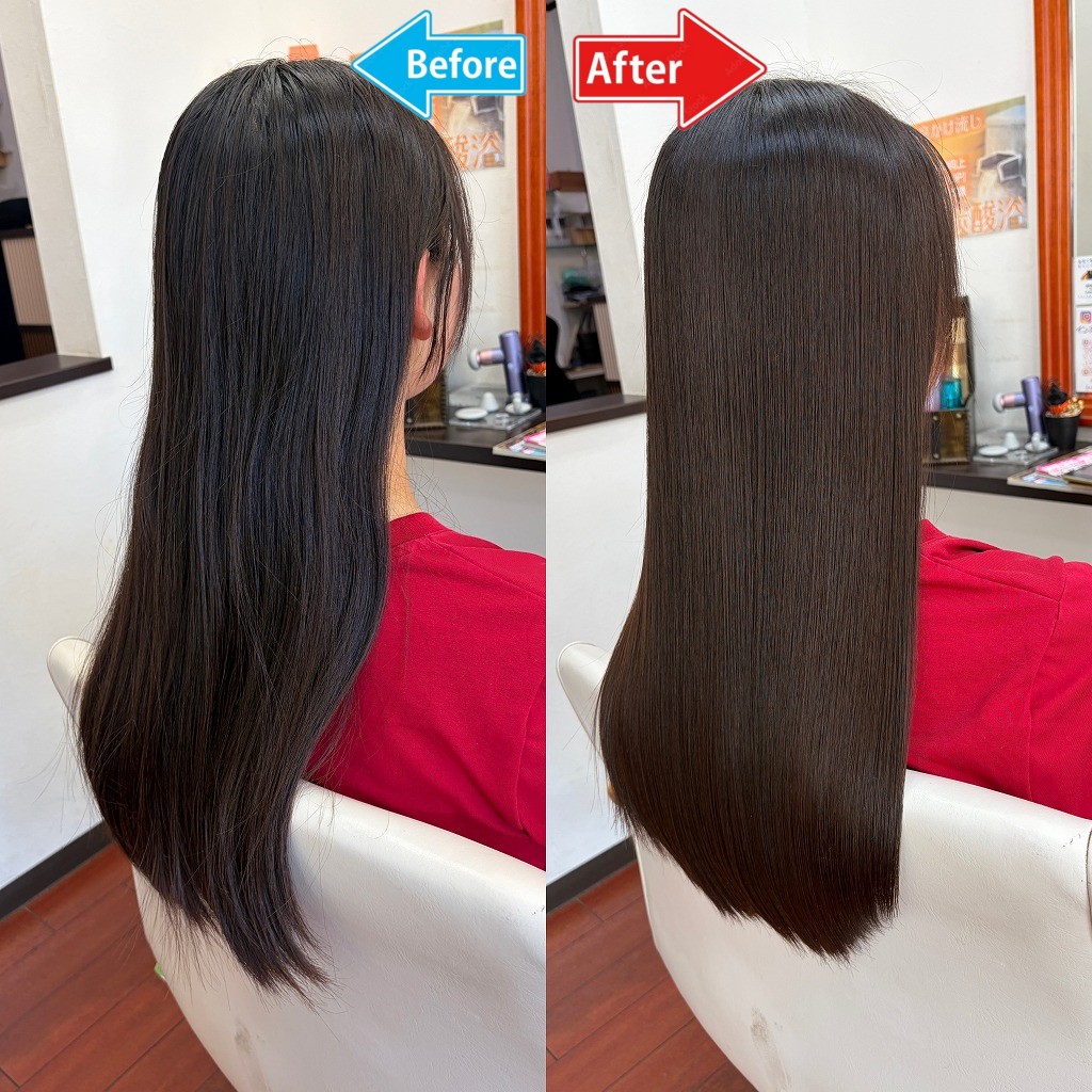 HairResort Arakの髪質改善トリートメント施術前後の比較写真。左が施術前、右が熱処理を含む施術後の仕上がり